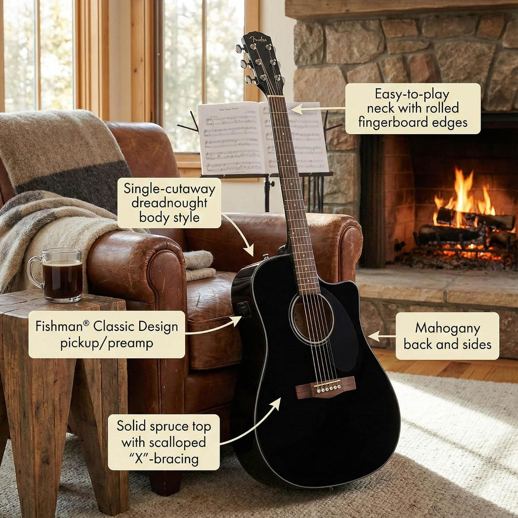Fender CD-60SCE Solid Top Dreadnought Acoustic-Electric Guitar - Black Bundle with Hard Case, Instrument Cable, Tuner, Strap, Strings, Picks and Austin Bazaar Instructional DVD