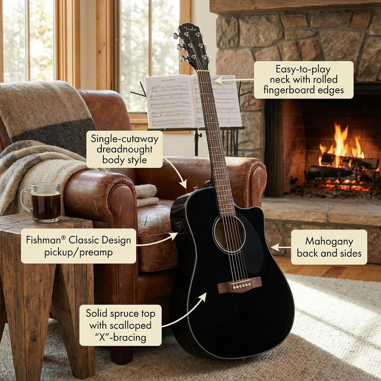 Fender CD-60SCE Solid Top Dreadnought Acoustic-Electric Guitar - Black Bundle with Hard Case, Instrument Cable, Tuner, Strap, Strings, Picks and Austin Bazaar Instructional DVD