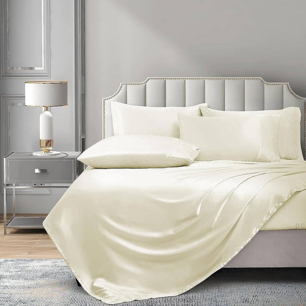 6 Piece Mulberry Silk Sheet Set Twin Size (39x75)+ Upto 16 Inch Deep Pocket Ivory Color Smooth Soft and Silk Bed Sheets Twin Size Bedding Set