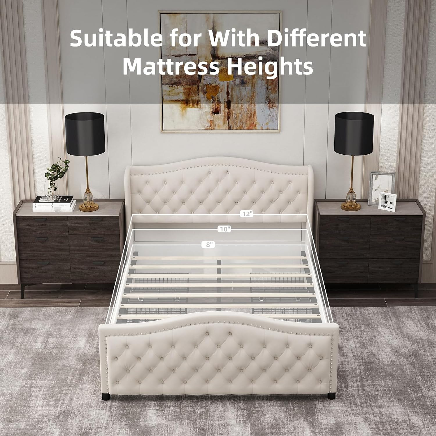 CANMOV Queen Size Upholstered Bed Frame with 4 Storage Drawers,Comfortable Fabric Platform Bed Frame with Wingback Headboard & Footboard,Wooden Slats Support,Button Tufted,No Box Spring Needed,Cream