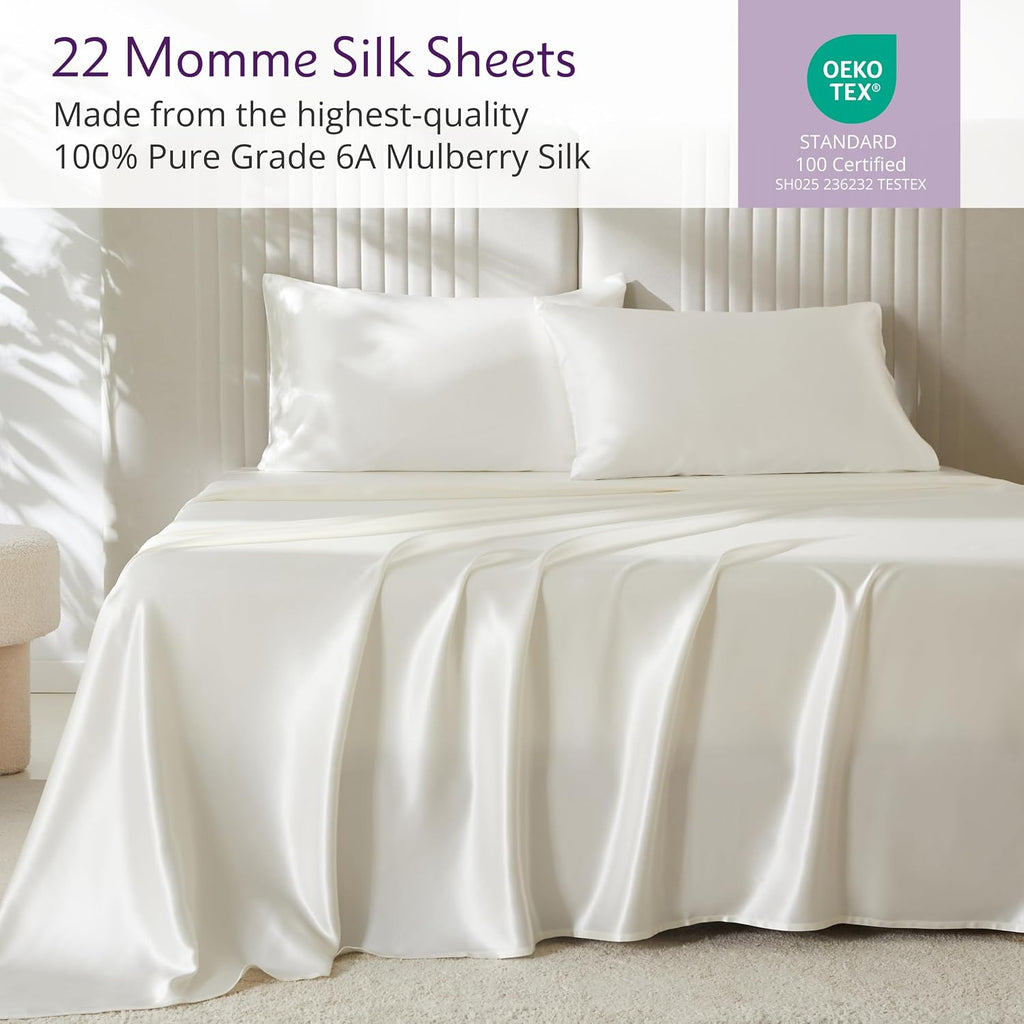 Mulberry Park Silks - 22 Momme 100% Mulberry Silk Sheets - Queen Size Bed Set - 16' Pocket - Luxurious Bed Sheets & Pillowcases, Skin-Friendly & Breathable - Charmeuse Silk for Hair Care - Ivory