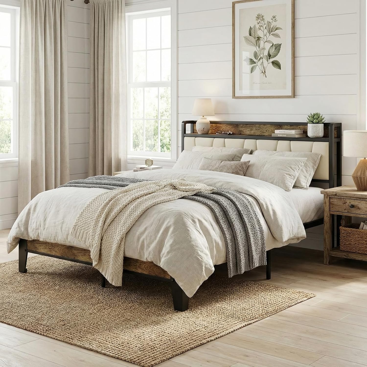 LIKIMIO Full Size Bed Frame, Storage Headboard with Charging Station, Solid and Stable, Noise Free, No Box Spring Needed, Easy Assembly (Walnut and Beige)