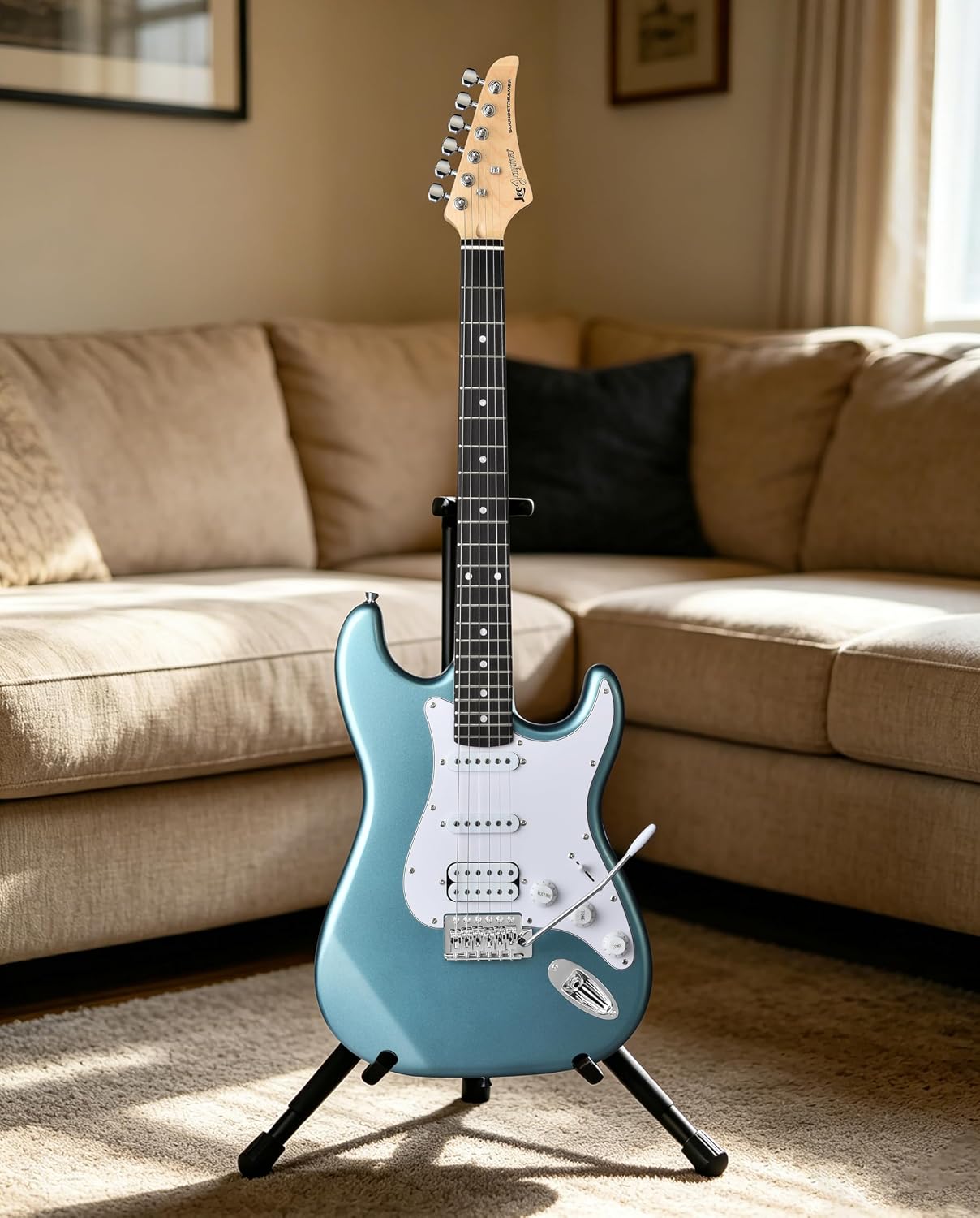 Leo Jaymz Beginner Electric Guitar 39' Kit with Portable Amplifier, Padded Gig Bag, Digital Tuner，Capo，Strap，Picks，HSS Pickups (Cyan-HSS)