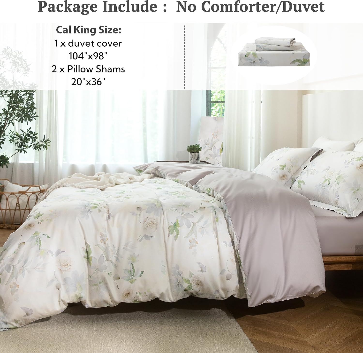 MILDLY Cal King Duvet Cover Set - 100% Long-Staple Cotton Beige Floral Patten Reversible Comforter Cover - 3Pcs Soft Breathable Luxury Bedding for All Season