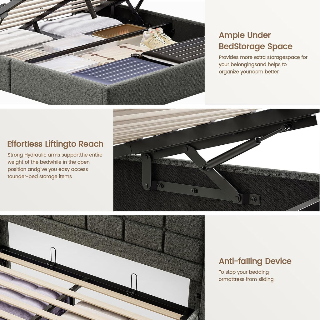 Driftalia Lift Up Full Size Bed Frame with Storage, Upholstered Full Bed Frame with LED Lights Headboard and Charging Station, No Box Spring Needed, Easy Assembly - Dark Grey