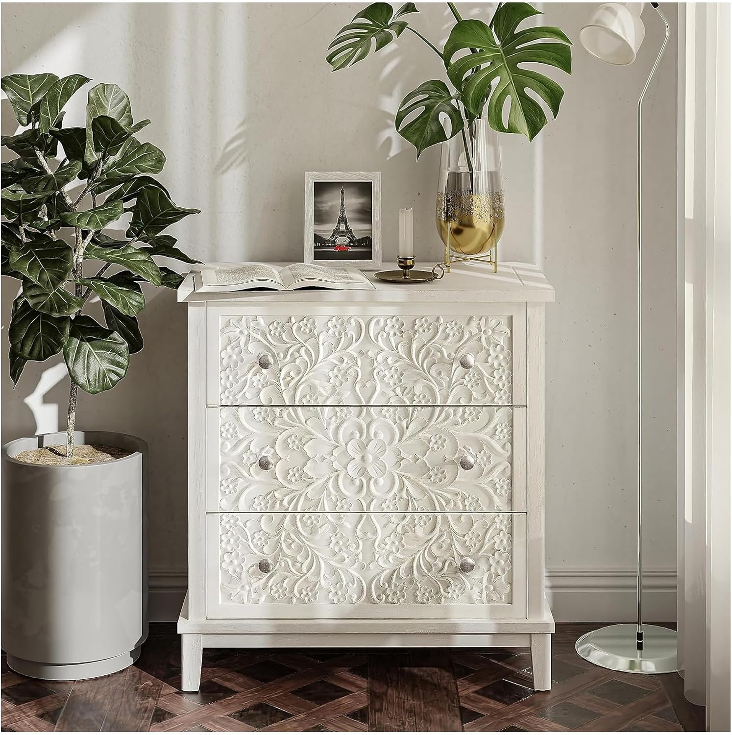 COZAYH 3-Drawer Fully-Assembled Flower Motif Dresser for French Country, Farmhouse, Modern, Rustic Style, Distressed Finish, White-Washed