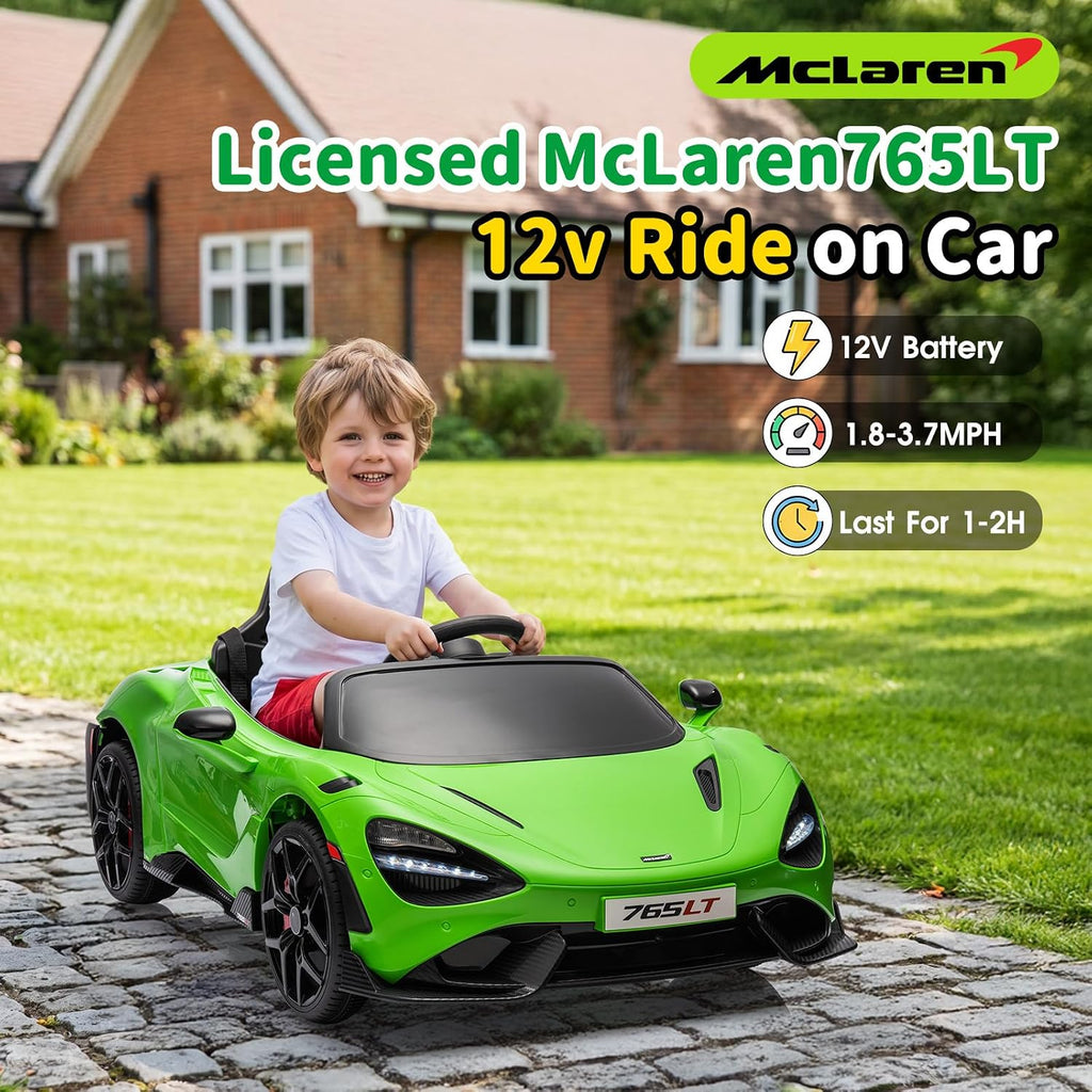 Kids Ride-on Car Licensed McLaren765LT for 3-6Years Old, Electric car 12V Battery Powered Electric Vehicle, w/Parent Remote, Music Player, LED Lights, Smooth Start, 3 Speeds, (Green)