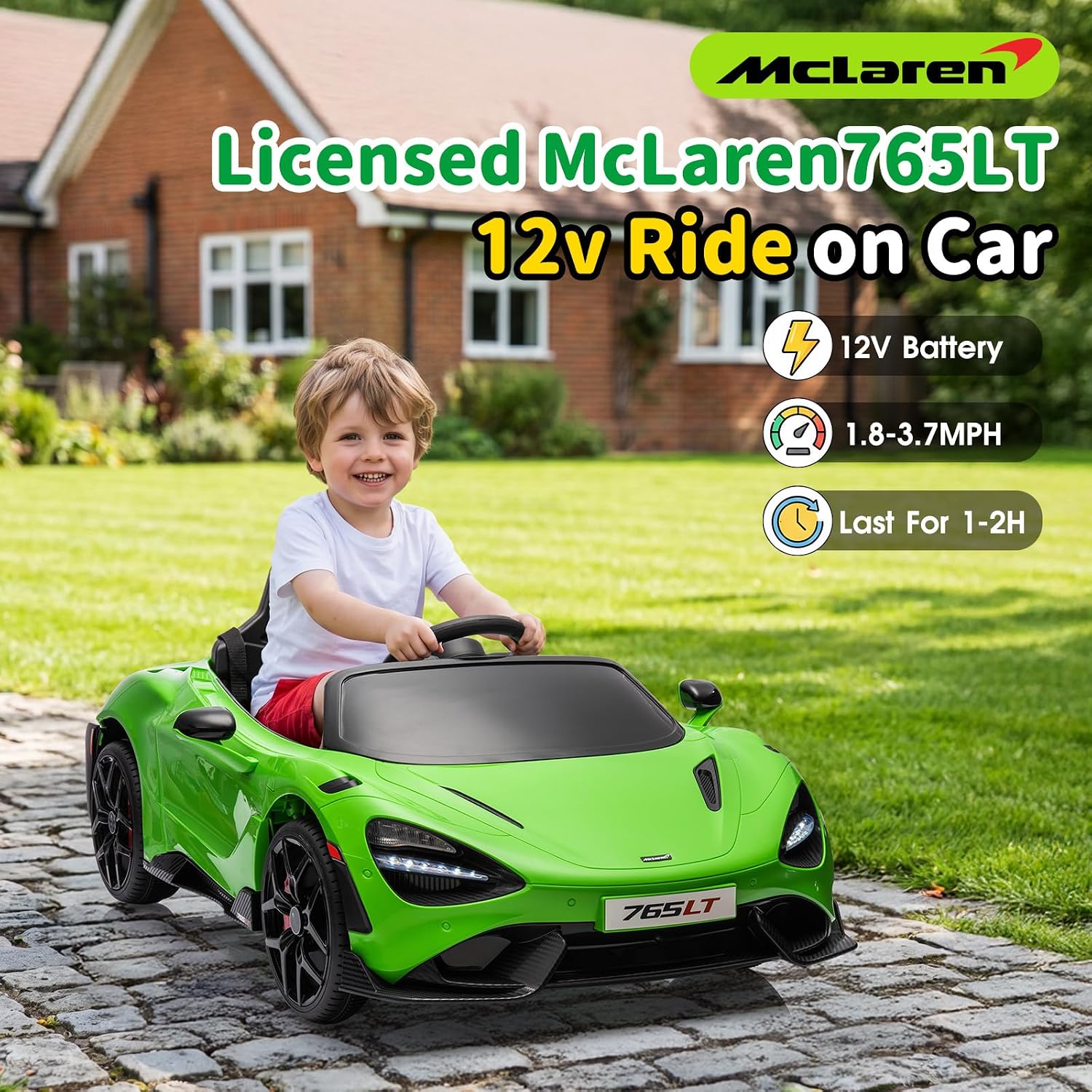 Kids Ride-on Car Licensed McLaren765LT for 3-6Years Old, Electric car 12V Battery Powered Electric Vehicle, w/Parent Remote, Music Player, LED Lights, Smooth Start, 3 Speeds, (Green)