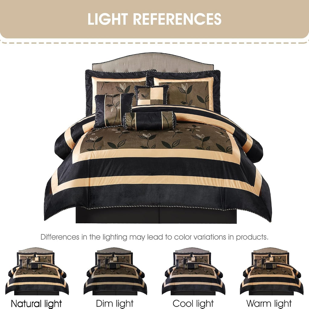 Stratford Park Elegant Leaves 7-Piece Comforter Bedding Set, Bronze, Full Size, Short Plush Print Comforter Set, All Season Bedding Set