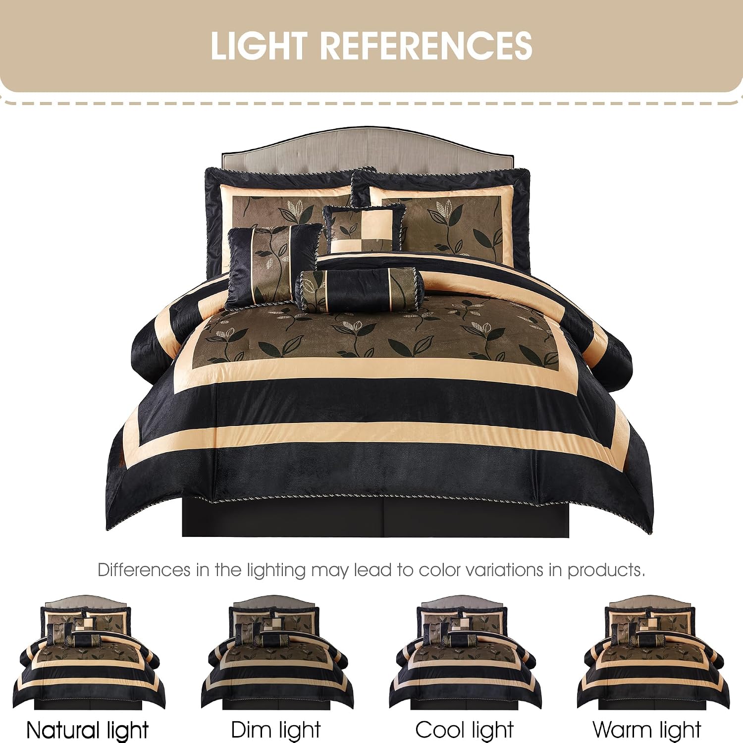Stratford Park Elegant Leaves 7-Piece Comforter Bedding Set, Bronze, Queen Size, Short Plush Print Comforter Set, All Season Bedding Set