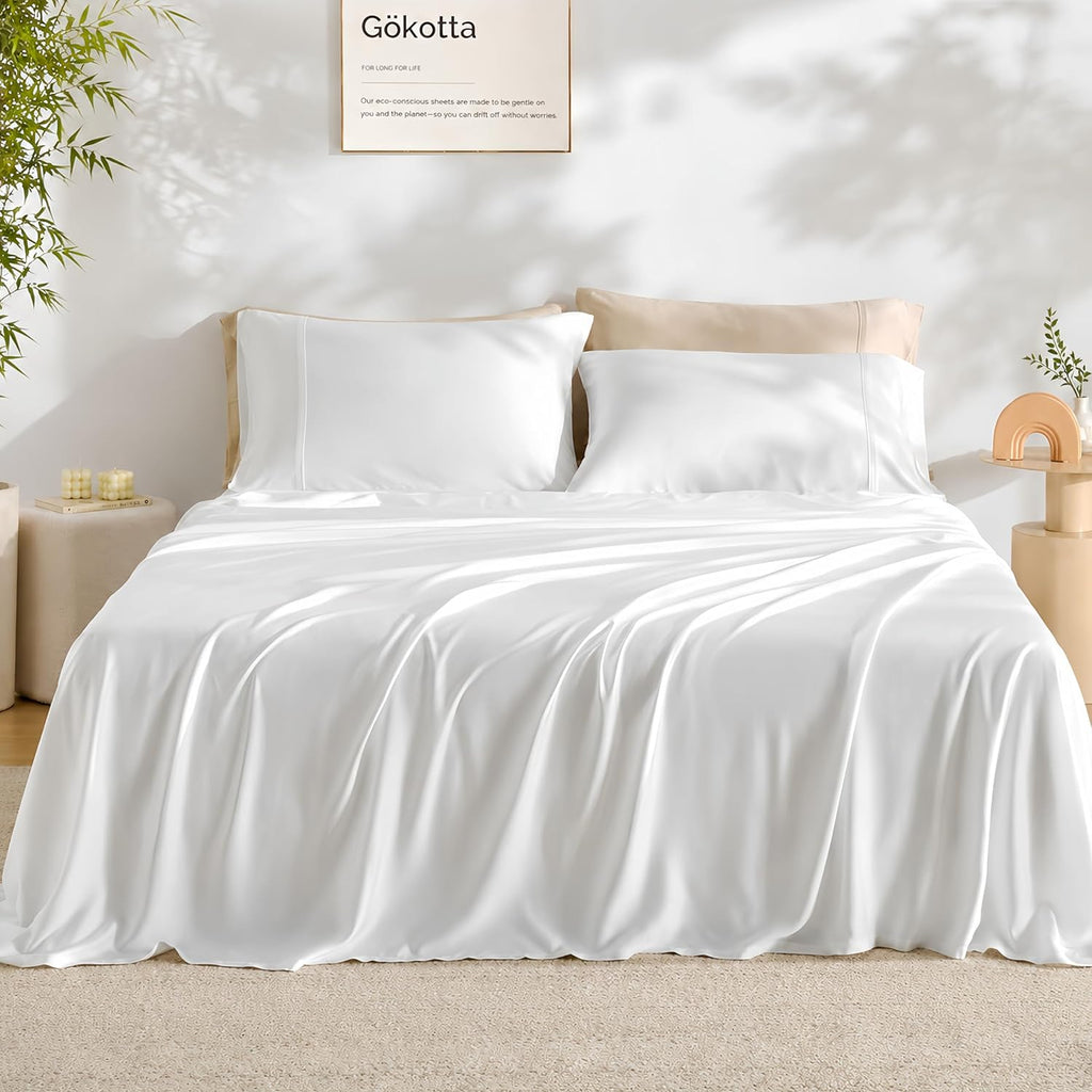 GOKOTTA Queen Size Bed Sheets 4 Piece Set, FSC® Certified Rayon Derived from Bamboo, Luxury Breathable and Silky Soft Sheets, Deep Pocket 16' Fitted Sheet with Elastic Corner Straps -Bright White