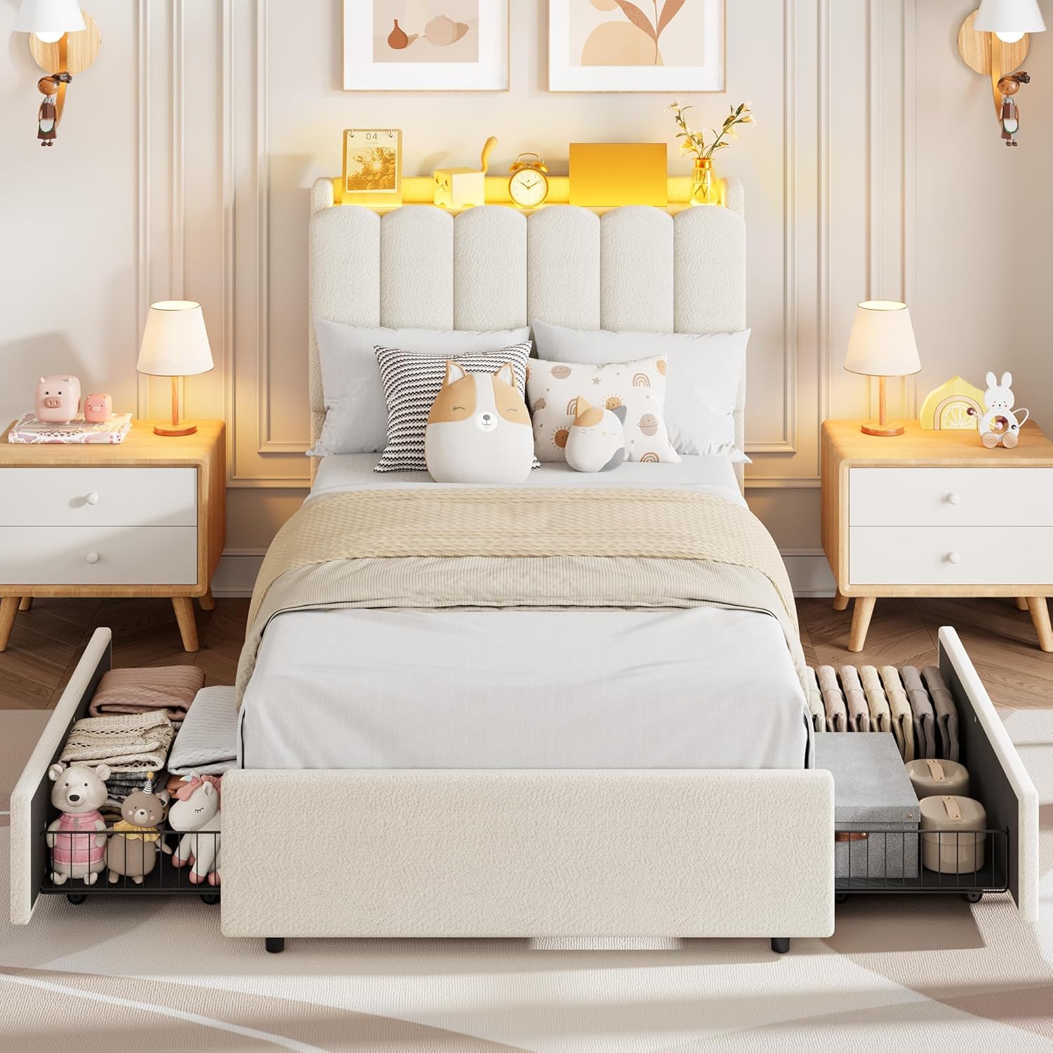 Garvee LED Twin Size Bed Frame with Storage Headboard, Kids Bed Frame with 2 Drawers, Boucle Upholstered Platform Bed for Girls, Chic Wavy Headboard with Bookcase, No Box Spring Needed, White