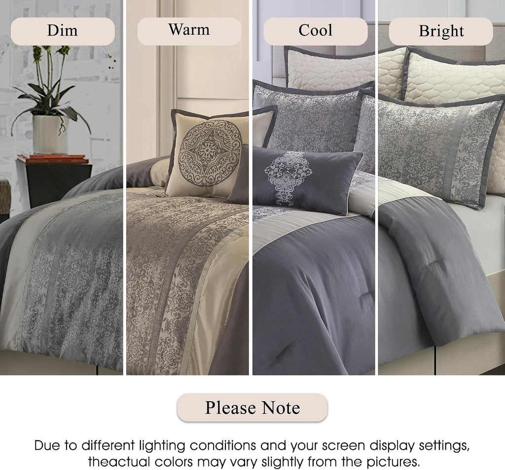 Stratford Park Silver/Ivory Damask Patchwork California King Comforter Set, 8 Piece, Jacquard All Season Premium Bedding Set, Bed Skirt, Pillows & Shams