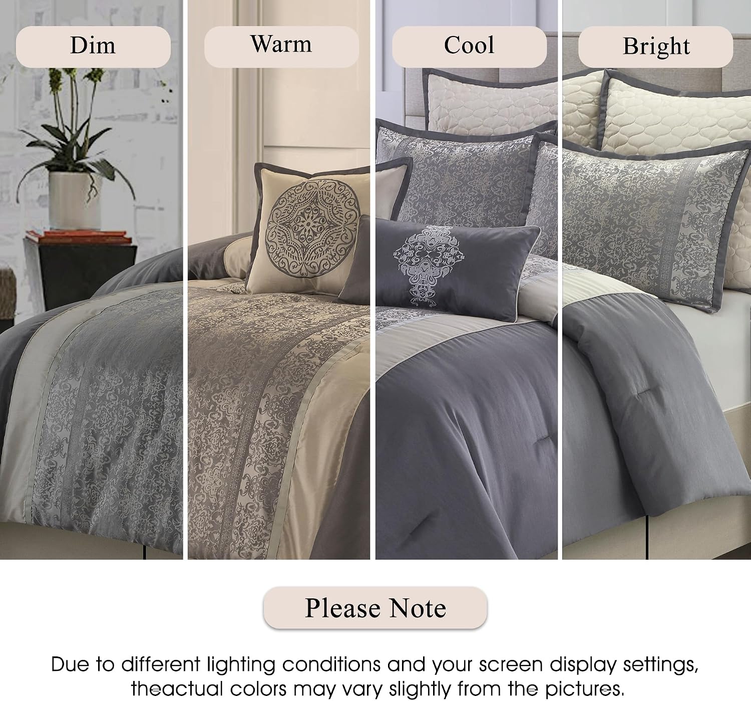 Stratford Park Silver/Ivory Damask Patchwork California King Comforter Set, 8 Piece, Jacquard All Season Premium Bedding Set, Bed Skirt, Pillows & Shams