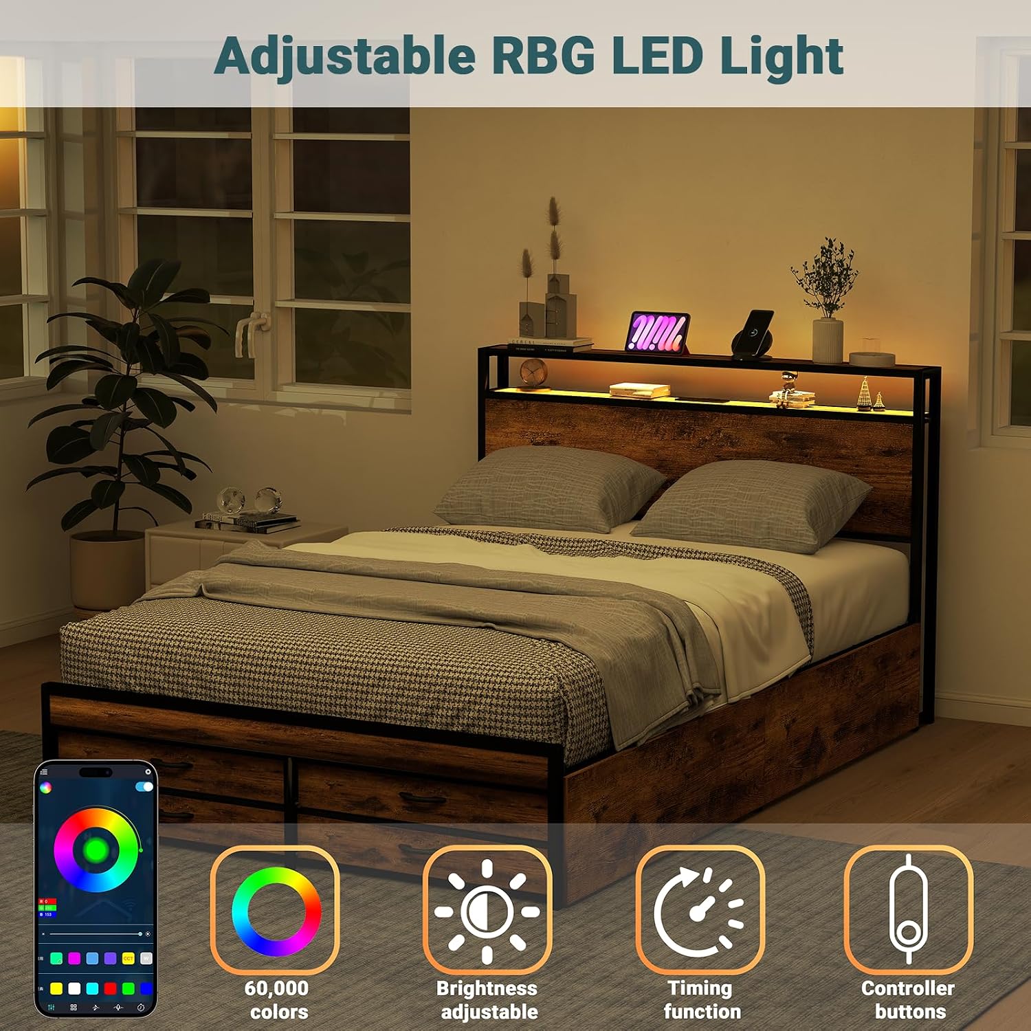 Zevemomo Queen Bed Frame with 8 Drawers, Queen Metal Bed Frame with LED Light & Charging Station, Heavy Duty Metal Slats, No Box Spring Needed, Rustic Brown