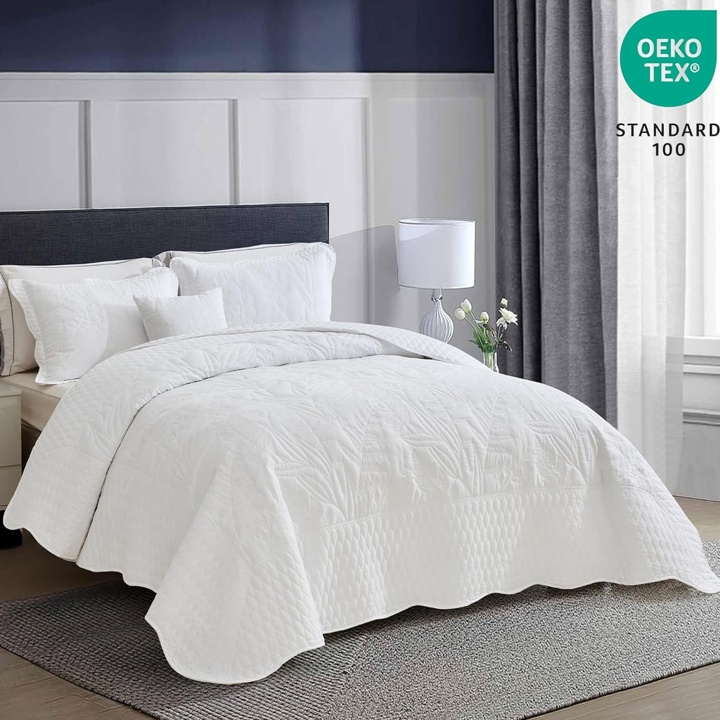 DaisyHuang Botanical Oversized Bedspread King Size - Leaves Pattern Stitching Quilt Set - Elegant & Fresh Style Bedding Coverlets, Reversible, Lightweight, 5 Piece, White