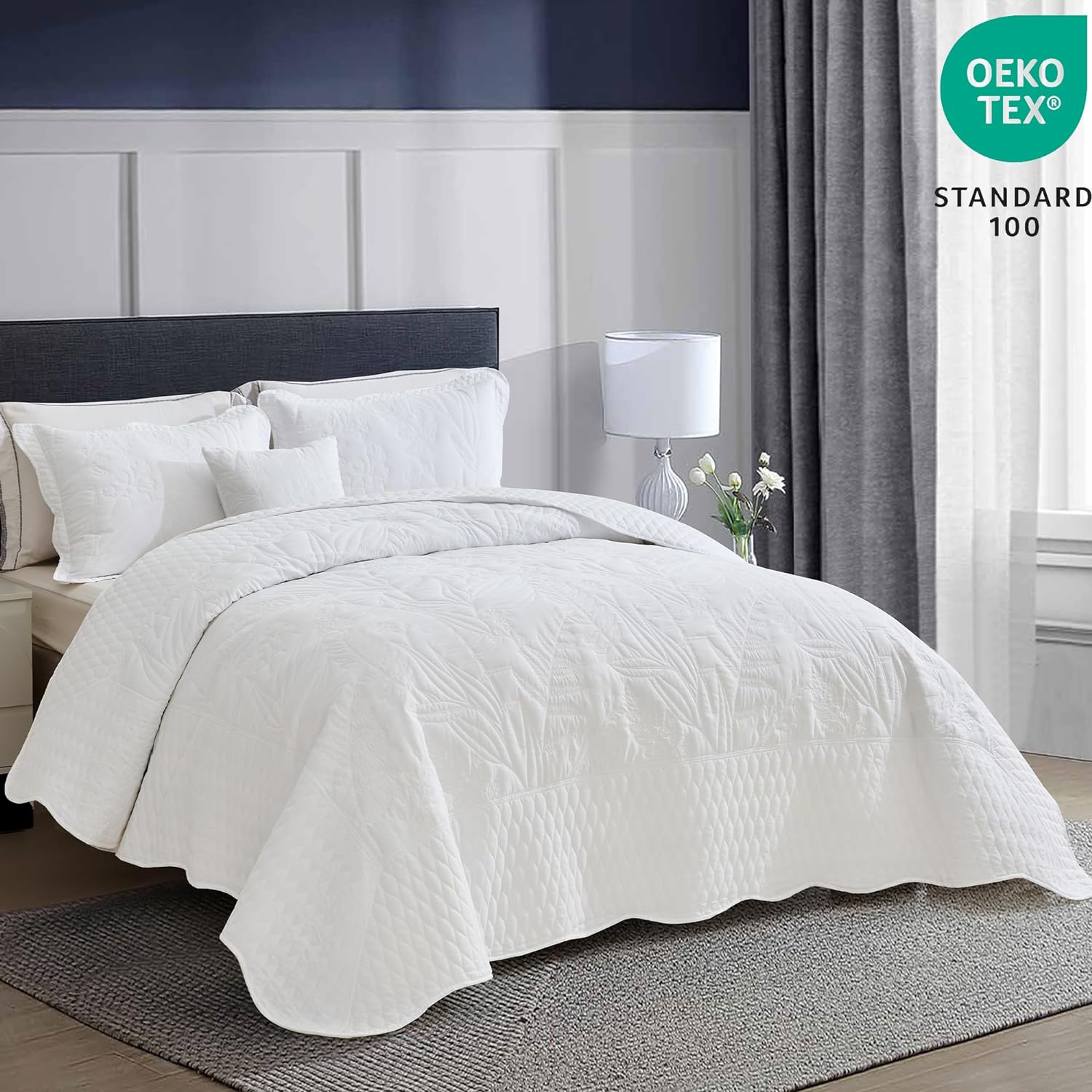 DaisyHuang Botanical Oversized Bedspread King Size - Leaves Pattern Stitching Quilt Set - Elegant & Fresh Style Bedding Coverlets, Reversible, Lightweight, 5 Piece, White
