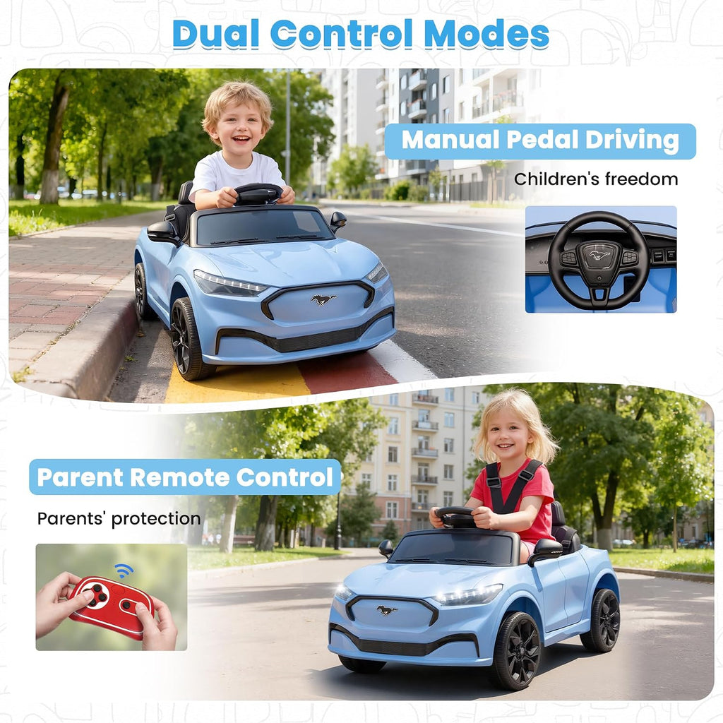 Bobike Electric Ride On Car for Kids, 12V Electric Toddler Car with Remote Control, Ride on Toys for Kids with LED Lights, Music Player, Lockable Doors (Blue)