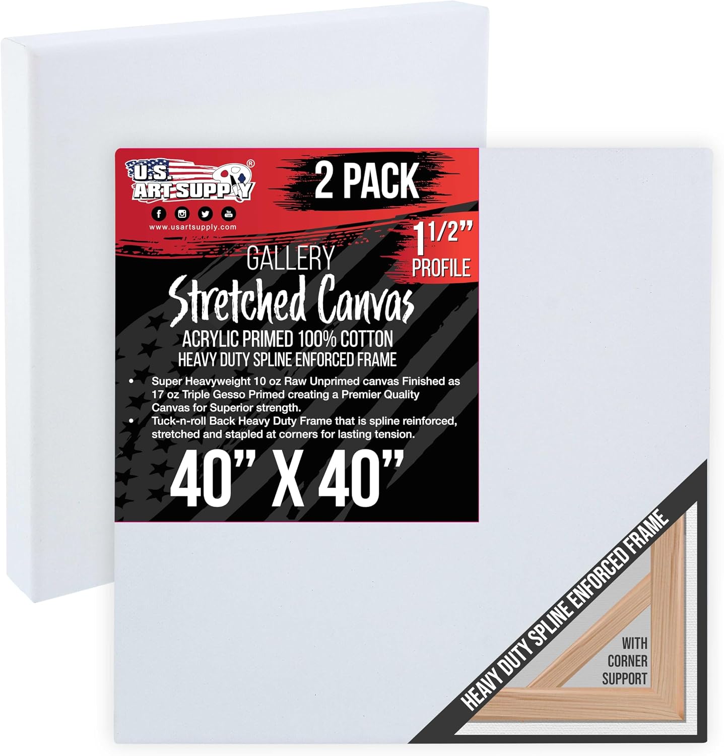 U.S. Art Supply Square Stretched Canvas for Painting 40x40 inch Gallery Depth 1-1/2' Thick, 2-Pack - 17oz Acrylic Gesso Triple Primed, Professional Artist Quality, 100% Cotton - Oil, Pouring Paint