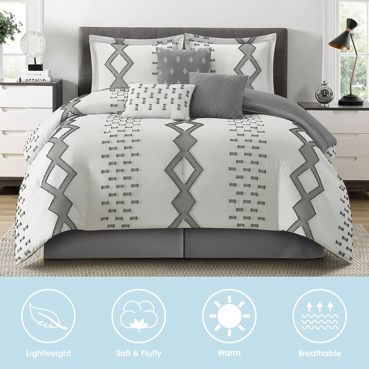 LANCO MODERN LIFESTYLE 7 Piece Grey and White Comforter Set, King, Boho Home Decor, Geometric Clip Pattern Bedding Set for All Seasons, Bed in a Bag, Bedskirt, Shams and Decorative Pillows
