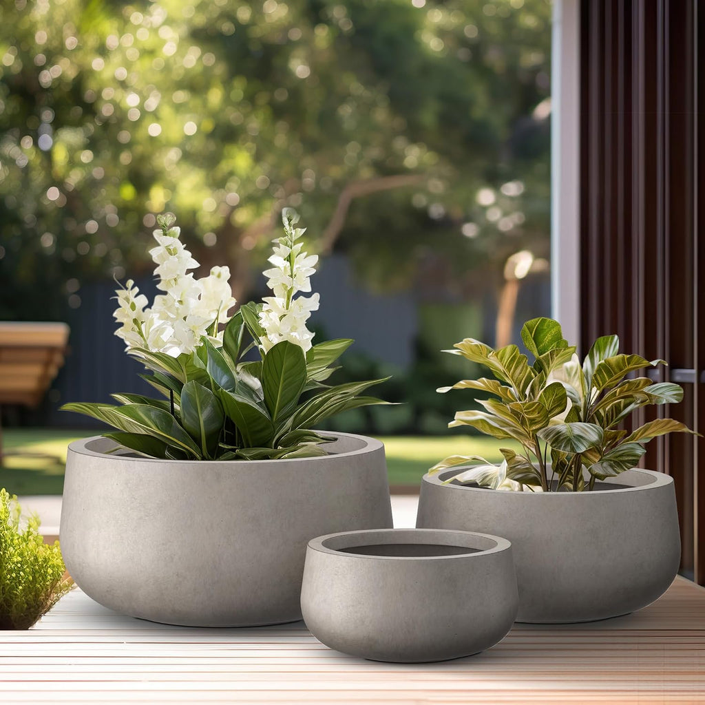 Kante 19.6',15.7',11.8' Dia Round Concrete Planters Set of 3, Outdoor Indoor Large Plant Pots with Drainage Hole, Modern Curvaceous Design, Weathered Concrete
