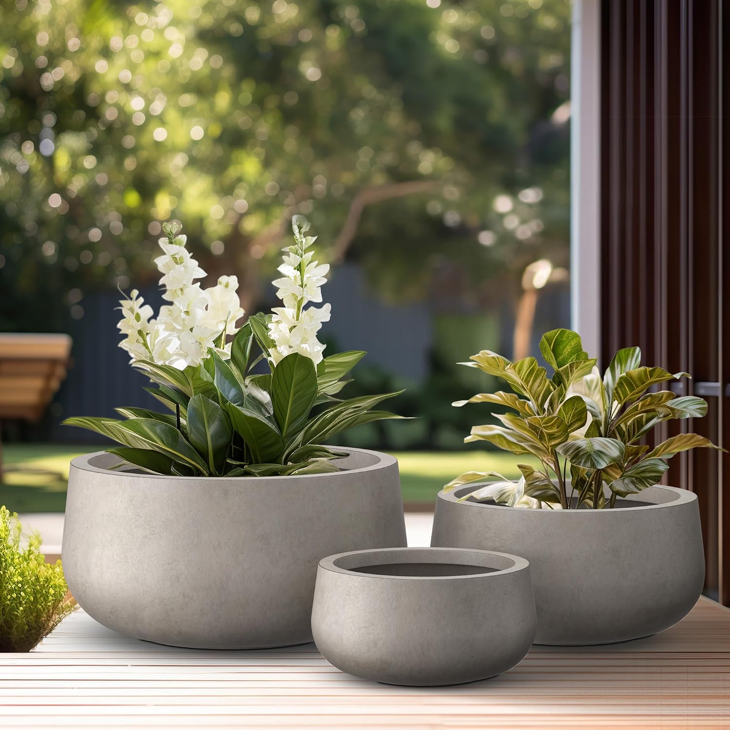 Kante 19.6',15.7',11.8' Dia Round Concrete Planters Set of 3, Outdoor Indoor Large Plant Pots with Drainage Hole, Modern Curvaceous Design, Weathered Concrete