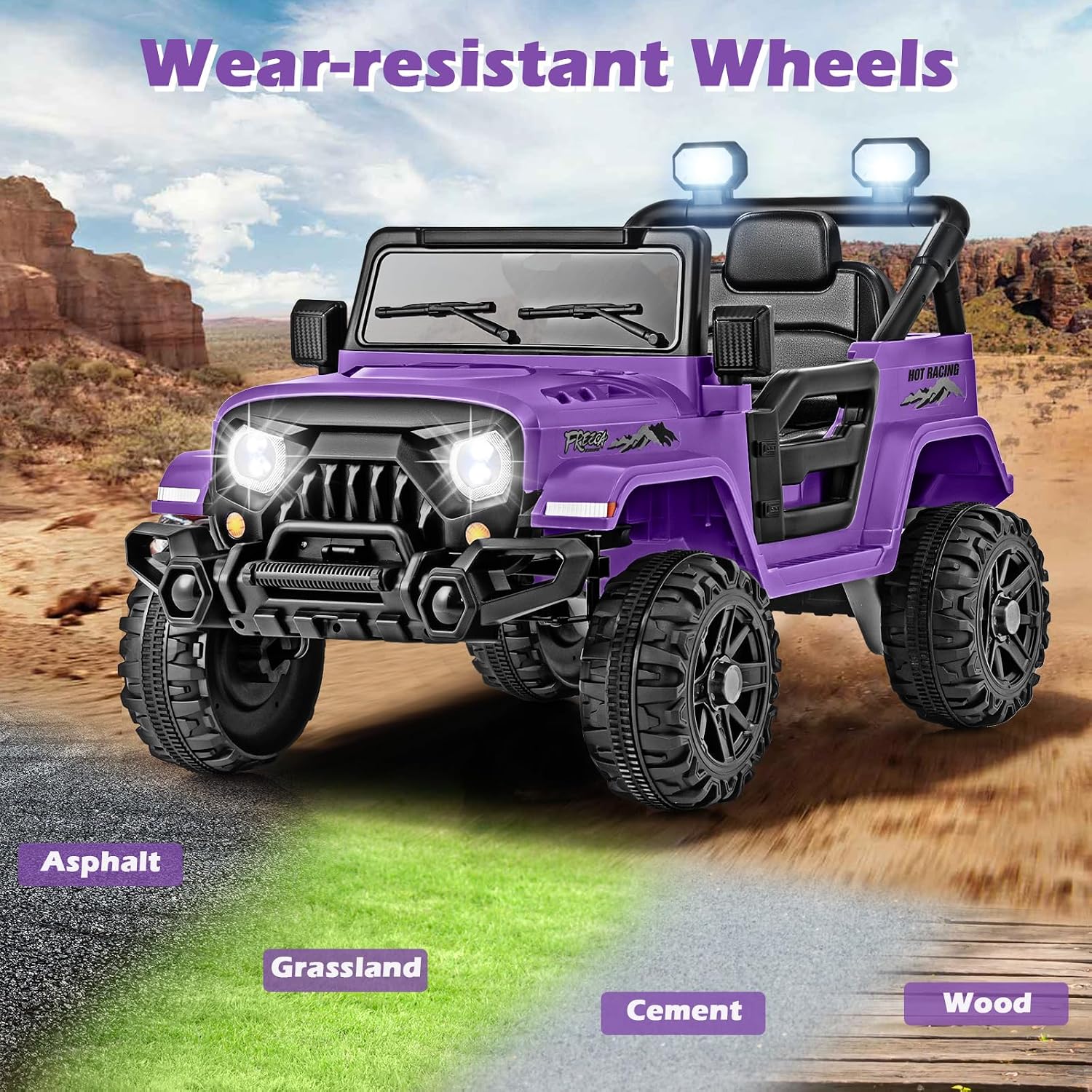 OLAKIDS Ride on Truck, 12V Battery Powered Electric Vehicle for Kids with Remote Control, Bluetooth, Power Display, LED Lights, Music Player, Ride on Toy for 3+ Boys Girls (Purple)