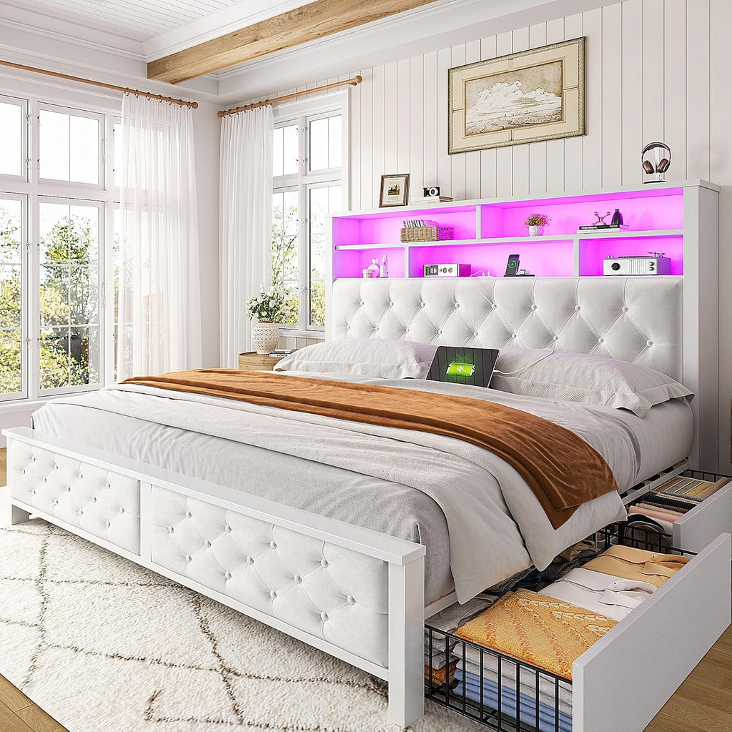 EnHomee Queen Bed Frame with Storage Headboard & 4 Drawers,Wooden Bed Frame Queen Size with Charging Station & LED Lights Upholstered,NO Noise,No Box Spring Needed,Beige