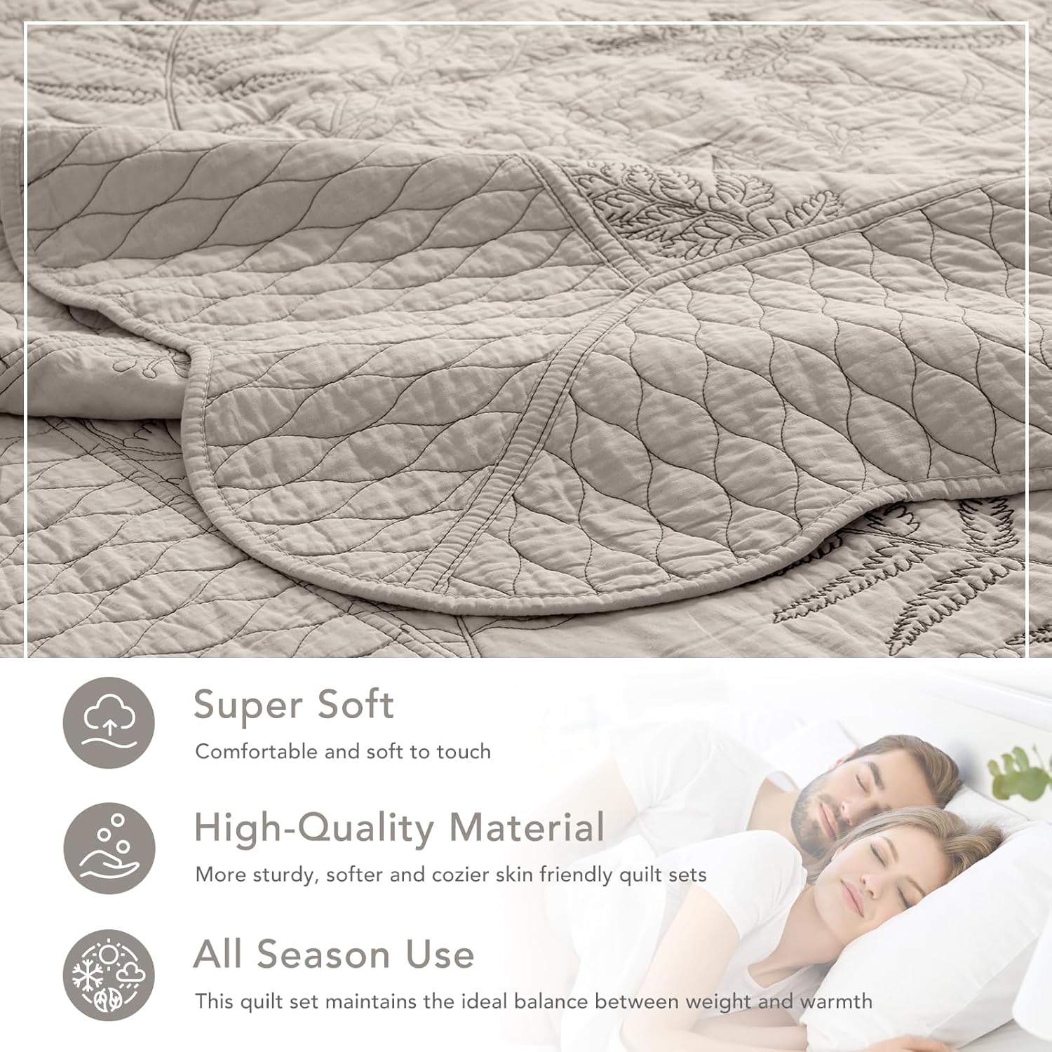 Lady Ann Oversized King Bedspread 120x120, Leaves Pattern Stitching Printed Quilt Set Soft & Lightweight Linen Feel Quilted Coverlet, 3 Pcs Extra Large Botanical Bedding Sets