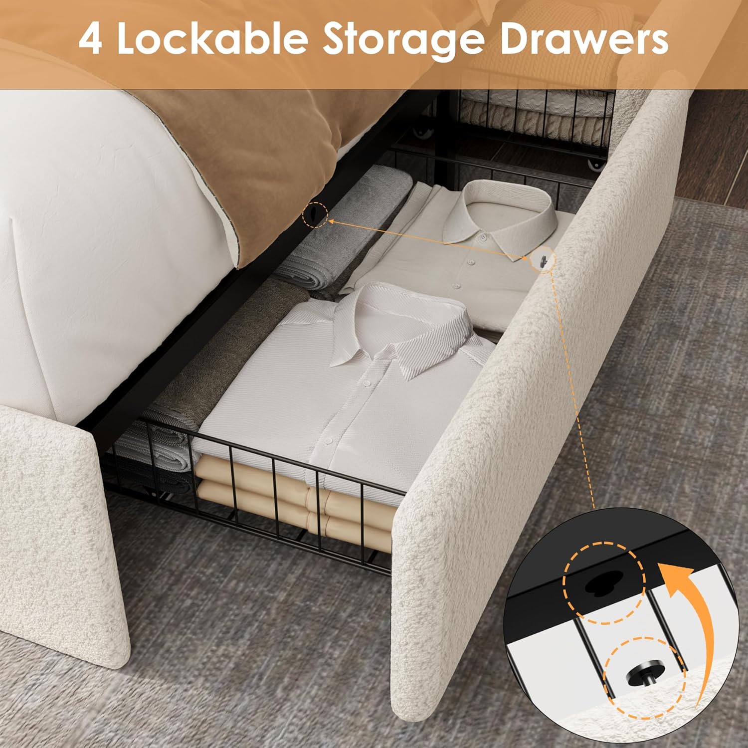 Queen LED Bed Frame with 4 Storage Drawers and Storage Headboard, Soft Boucle Upholstered Platform Bed Frame with Charging Station and USB Ports, Solid Wood Slats Support, No Box Spring Needed, Cream