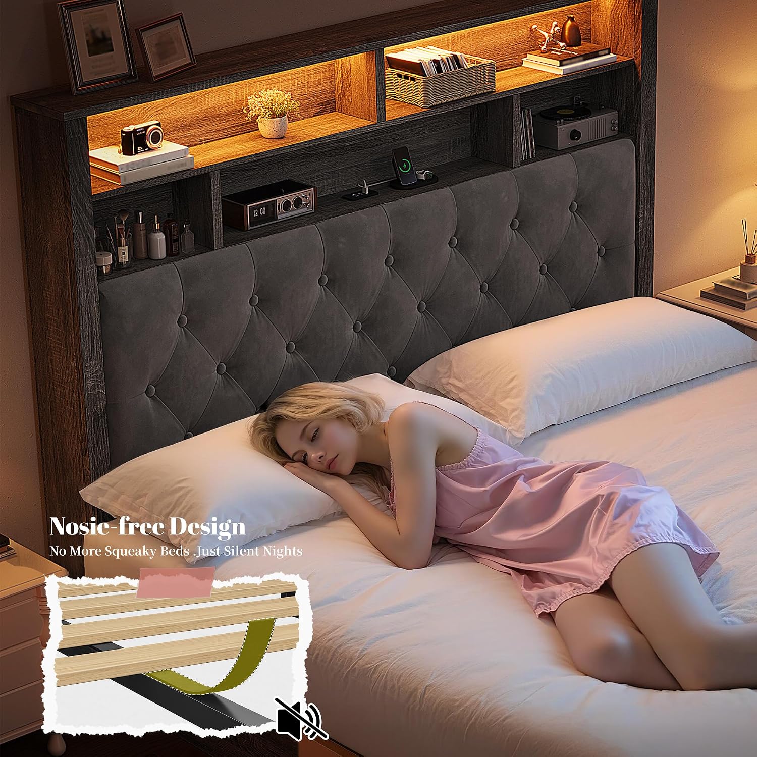 EnHomee Full Size Bed Frame with 4 Storage Drawers and Headboard Upholstered,Wooden Full Bed Frame with Charging Station and LED Light,NO Noise,No Box Spring Needed,Dark Gray