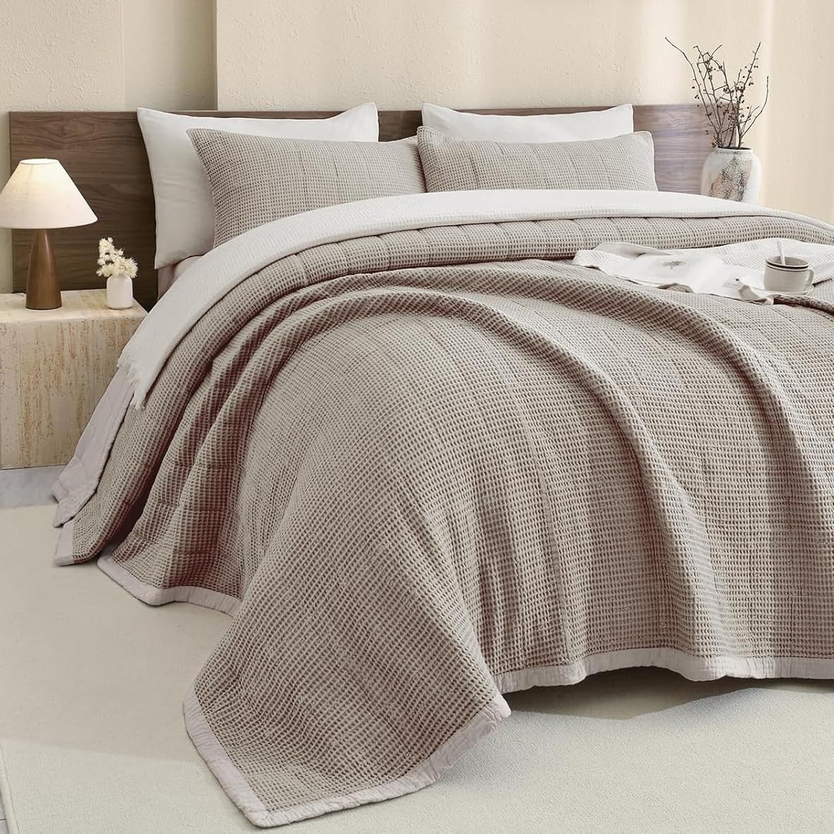 Sanracie Oversized Queen Quilt (102'x118'), Cotton Waffle Weave Quilt Sets, 3Pcs Luxury Aesthetic Quilt Bedding Set, Soft Breathable Lightweight Farmhouse Coverlet Set for All Season, Dark Khaki