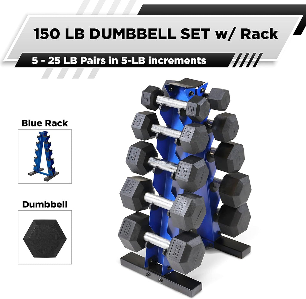 WF Athletic Supply 5-25Lb Rubber Coated Hex Dumbbell Set with A Frame Storage Rack Non-Slip Hex Shape for Muscle Toning, Strength Building & Weight Loss - Multiple Choices Available