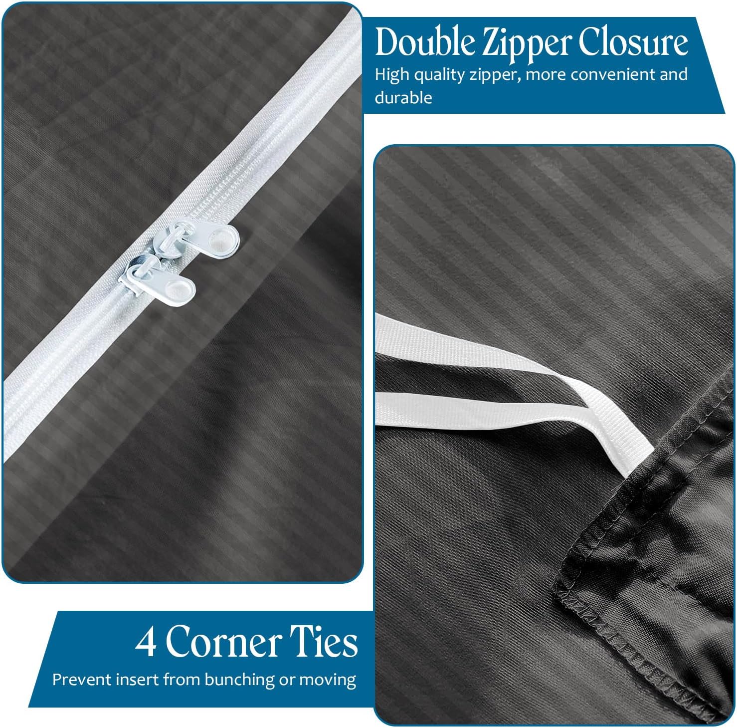 800TC 3 Sided Zipper Duvet Cover Set Soft Egyptian Cotton 3 Sided Zipper Closure, 3 PCS 1-Duvet Cover & 2- Pillow Shams - King-XL Size (98' x 116') Inches, (Dark Grey Stripe)