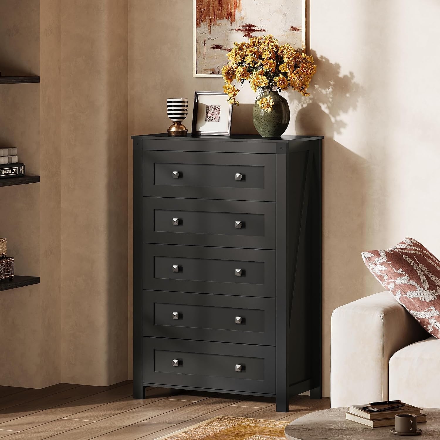 WLIVE Farmhouse Black Dresser for Bedroom, 5 Drawer Dresser Storage Organizer, Tall Wood Dressers with Double Rustic Handle, Chest of Drawers for Living Room, Hallway, Closet