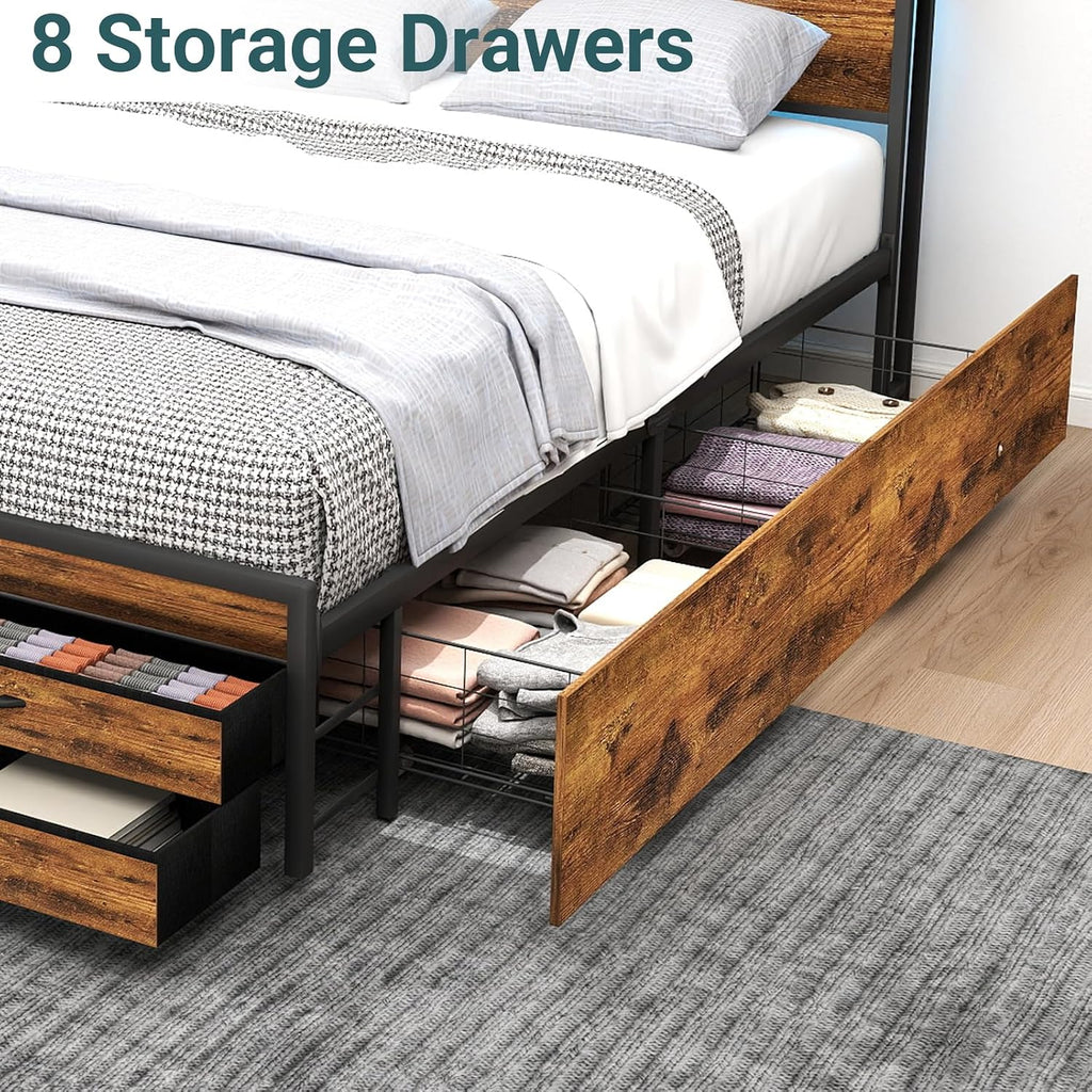 Zevemomo Queen Bed Frame with 8 Drawers, Queen Metal Bed Frame with LED Light & Charging Station, Heavy Duty Metal Slats, No Box Spring Needed, Rustic Brown