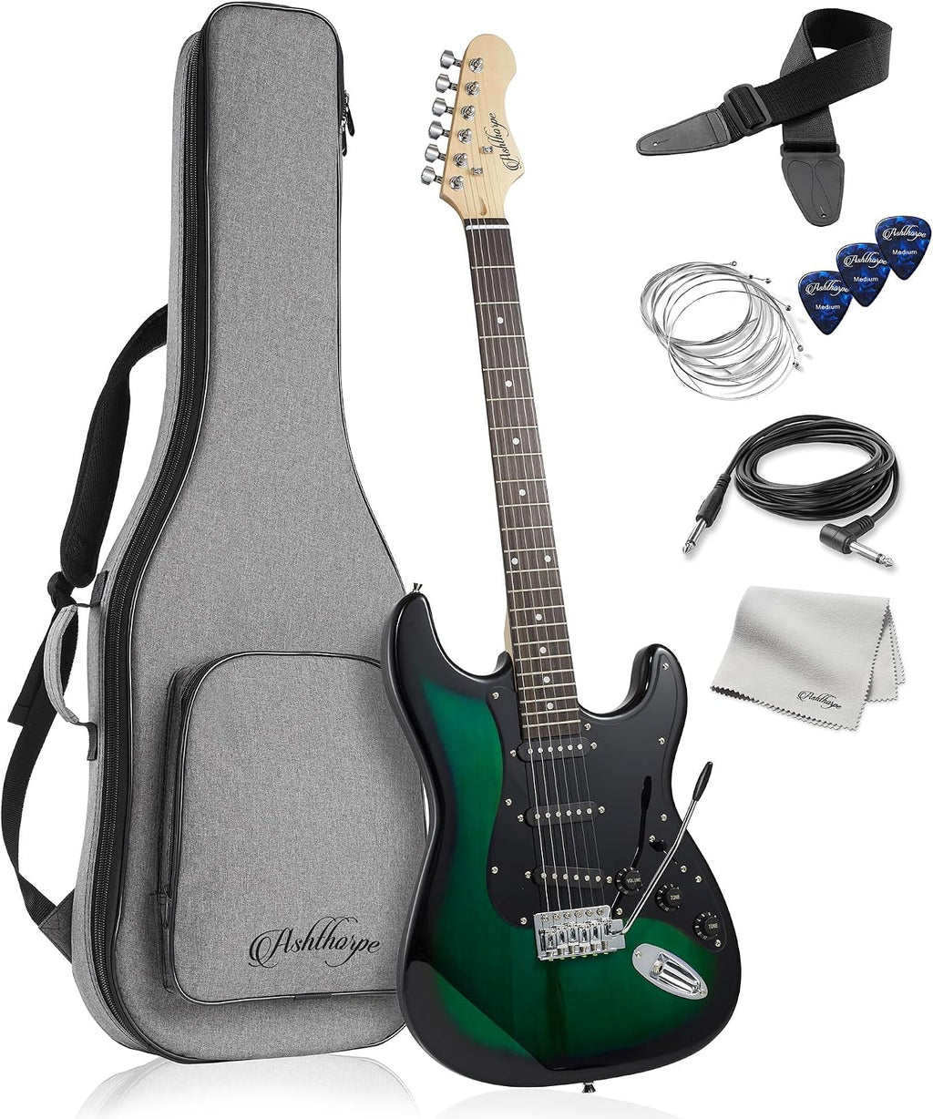 Ashthorpe 39-Inch Electric Guitar (Green-Black), Full-Size Guitar Kit with Padded Gig Bag, Tremolo Bar, Strap, Strings, Cable, Cloth, Picks