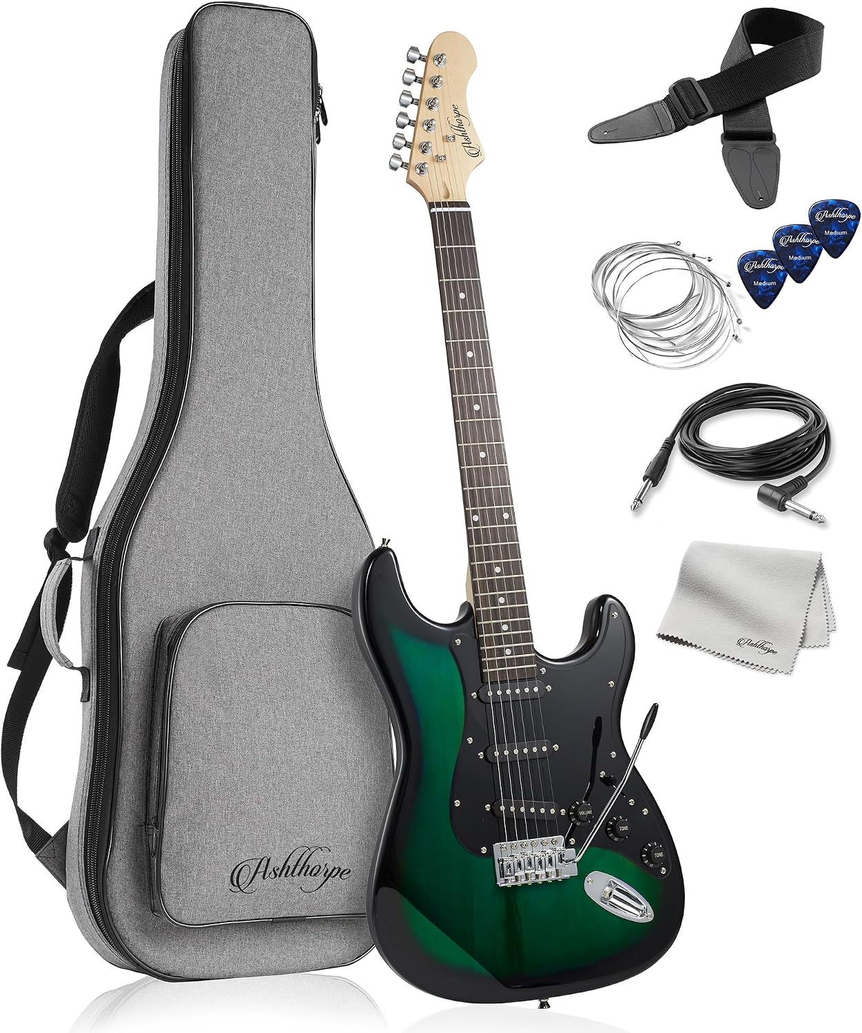 Ashthorpe 39-Inch Electric Guitar (Green-Black), Full-Size Guitar Kit with Padded Gig Bag, Tremolo Bar, Strap, Strings, Cable, Cloth, Picks