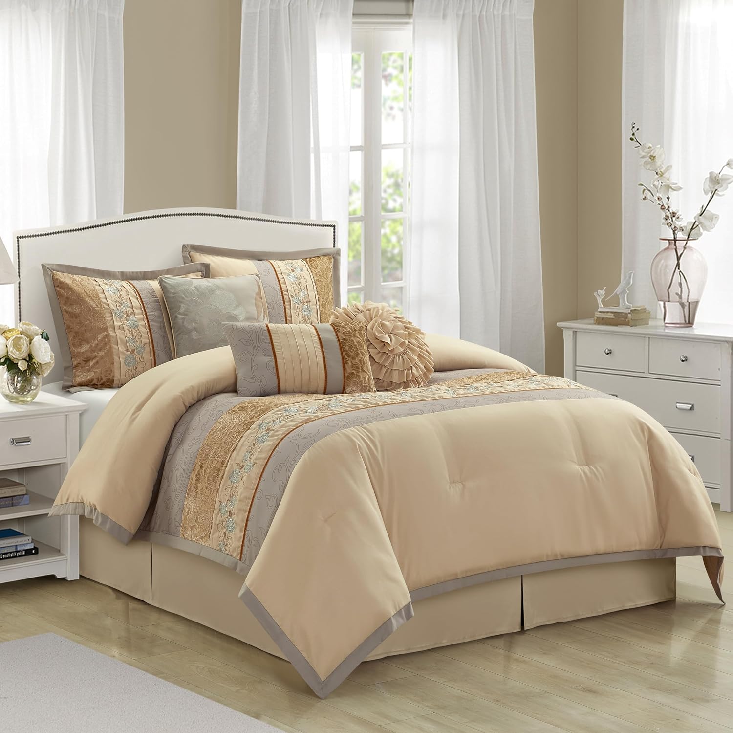 Grand Avenue Sand King Comforter Set, Piecework with Flocking Embroidery Bedding, Floral 7 Pieces Comforters, Bedskirt, Pillows & Shams