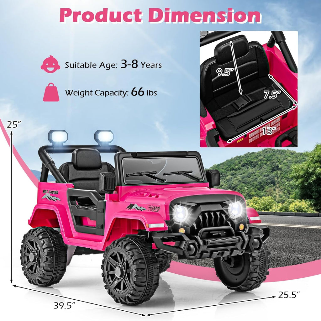OLAKIDS Ride on Truck, 12V Battery Powered Electric Vehicle for Kids with Remote Control, Bluetooth, Power Display, LED Lights, Music Player, Ride on Toy for 3+ Boys Girls (Pink)