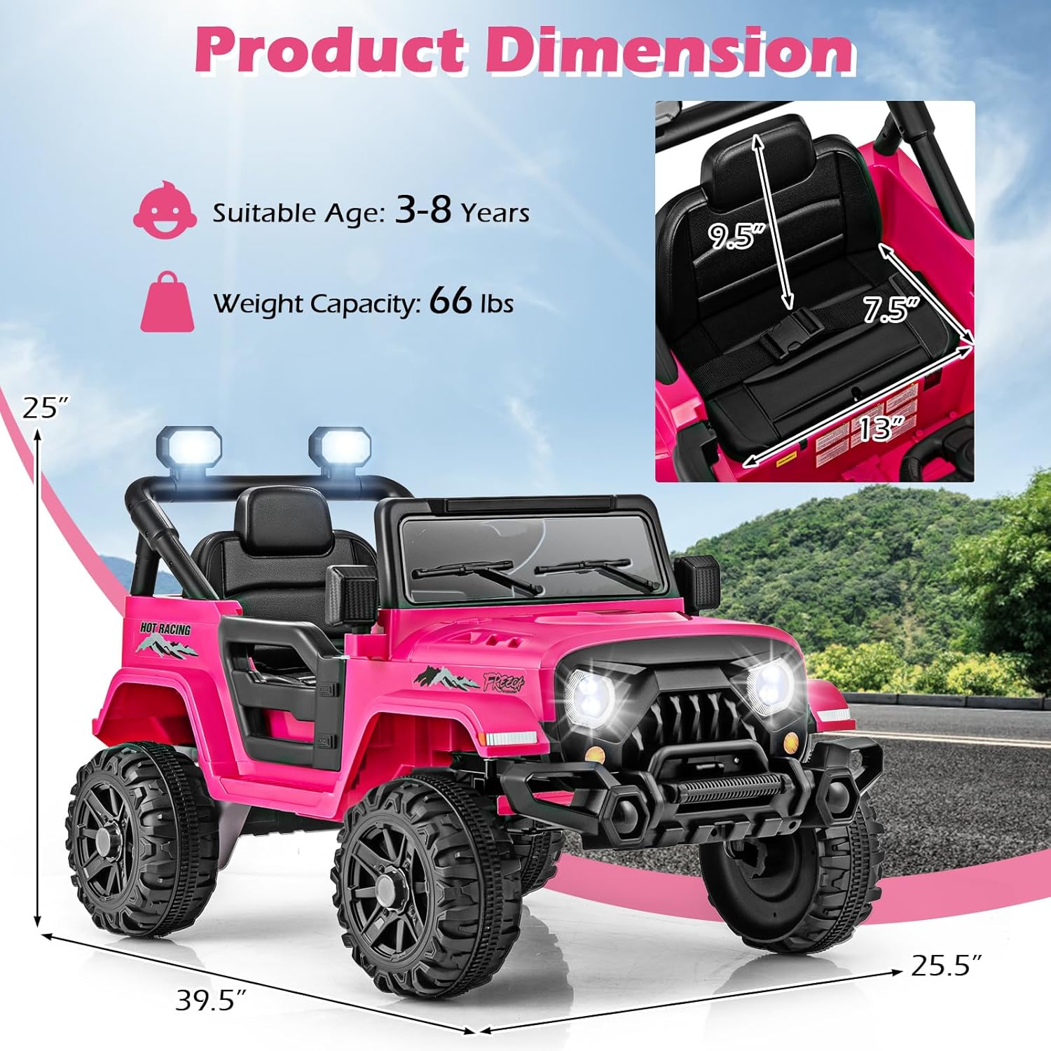OLAKIDS Ride on Truck, 12V Battery Powered Electric Vehicle for Kids with Remote Control, Bluetooth, Power Display, LED Lights, Music Player, Ride on Toy for 3+ Boys Girls (Pink)