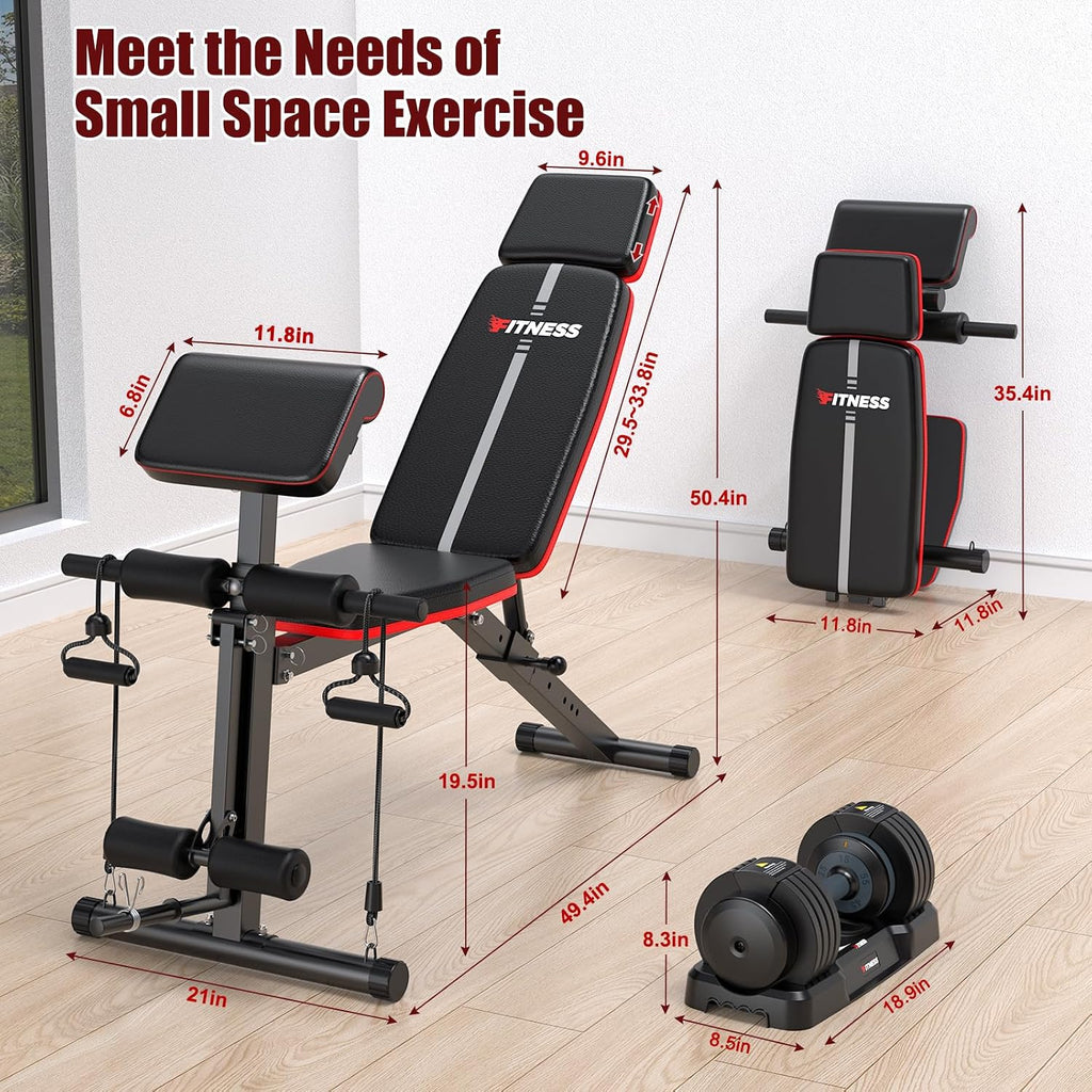 XDDIAS Adjustable Weight Bench, Workout Bench with Leg Extension and Preacher Curl Pad, Weight Bench for Home Gym, Foldable Exercise Bench, Quick Adjustment Incline Bench Press
