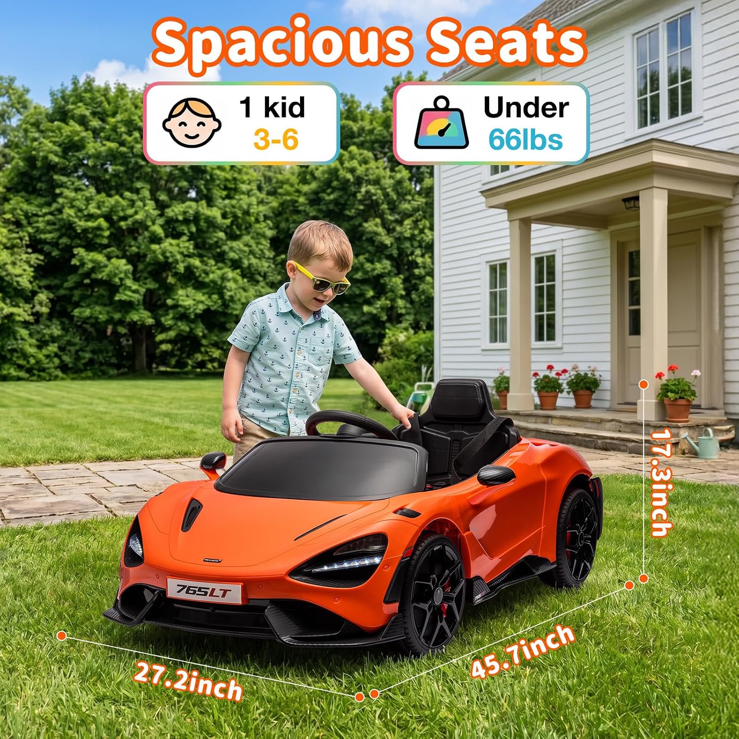 Kids Ride-on Car Licensed McLaren765LT for 3-6Years Old, Electric car 12V Battery Powered Electric Vehicle, w/Parent Remote, Music Player, LED Lights, Smooth Start, 3 Speeds, (Orange)