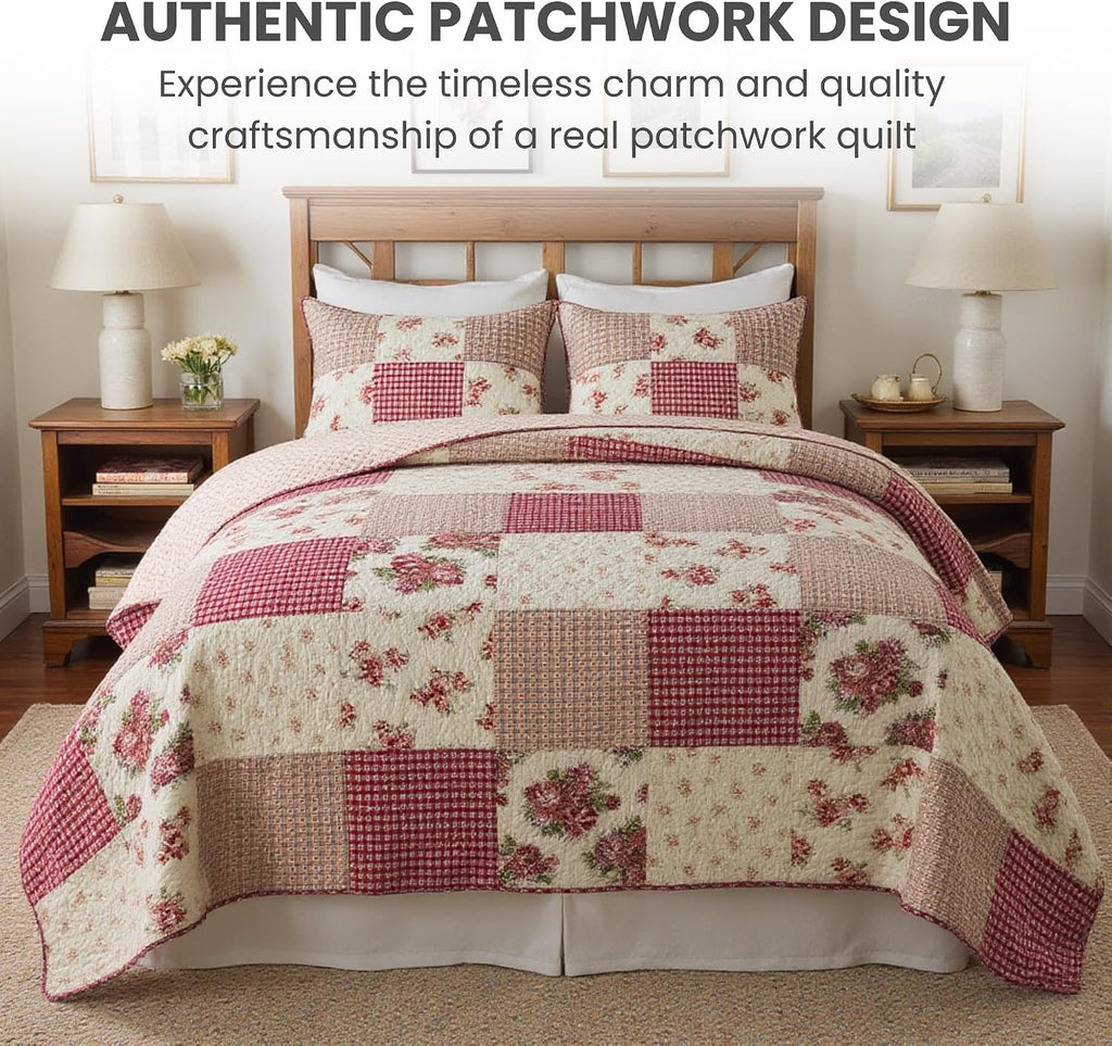 SLPR Country Roses Patchwork Cotton Pieced Quilt Set - King Size with 2 Shams, French Country Style Floral Bedding, Red Rose Farmhouse Quilted Bedspread with Flower Pattern