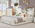 VanAcc Farmhouse King Bed Frame, Wooden Platform Storage Bed with 51.2' Bookcase Headboard, 2 Drawers, Charging Station/No Box Spring Needed/Noise Free, White