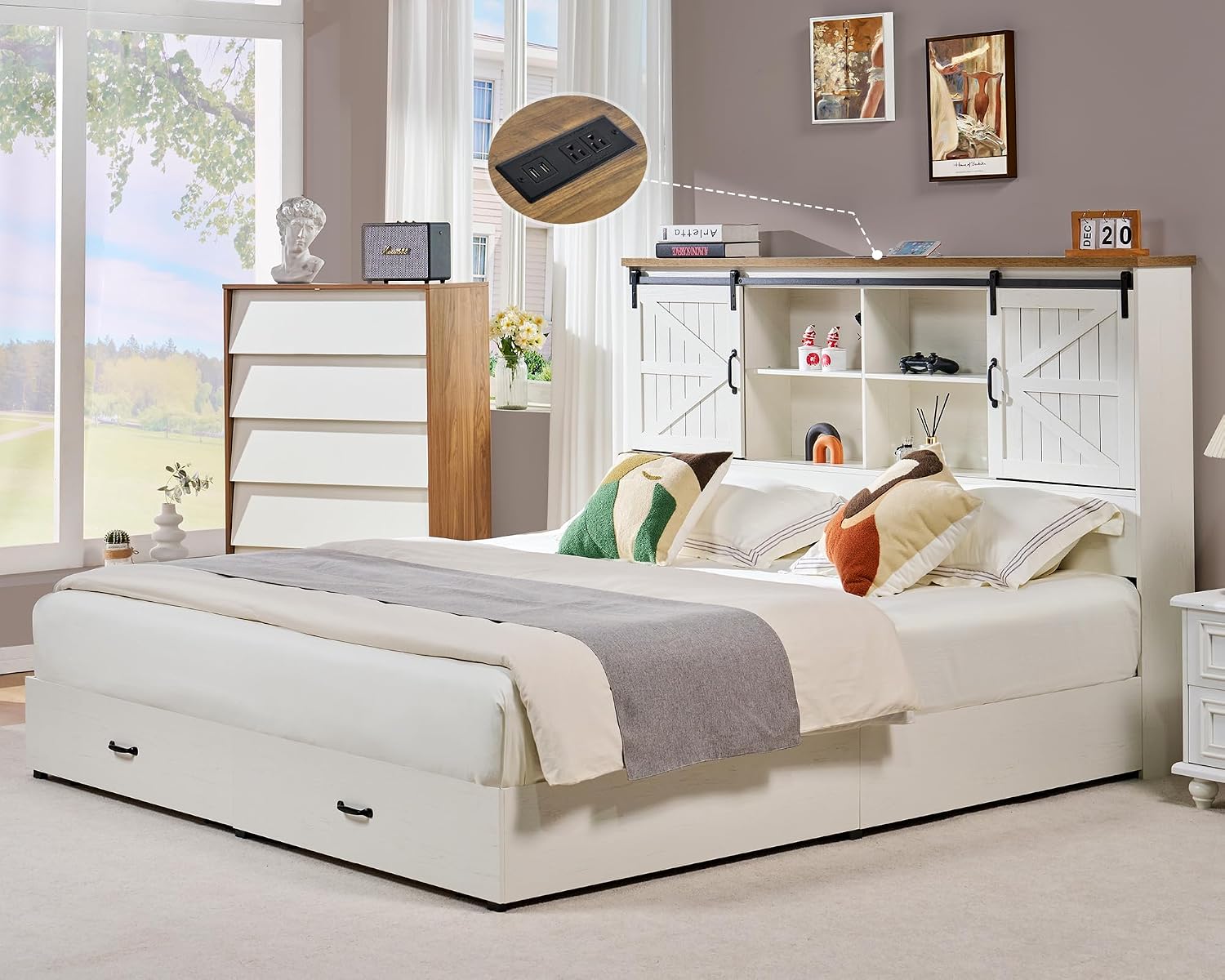 VanAcc Farmhouse King Bed Frame, Wooden Platform Storage Bed with 51.2' Bookcase Headboard, 2 Drawers, Charging Station/No Box Spring Needed/Noise Free, White