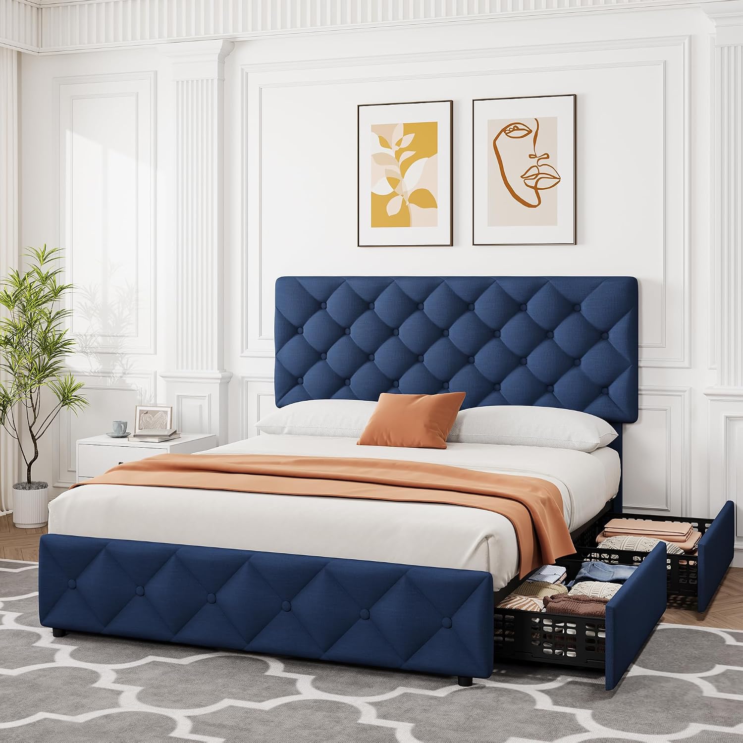 Queen Size Bed Frame with 4 Storage Drawers, Linen Upholstered Platform Bed Frame with Headboard and Footboard, Wooden Slats Support, Diamond Stitched Button Tufted, No Box Spring Needed, Blue