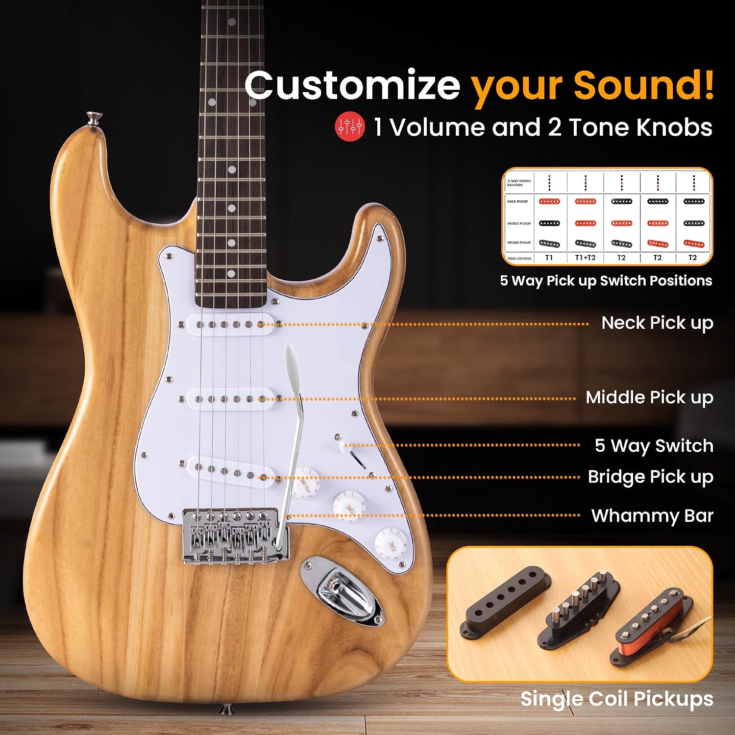 Pyle Electric Guitar and Amp Kit - Full Size 39' Complete Starter Kit with Wearable Bluetooth Amplifier, 1/4' Cable, Carry Case, Strap, Strings, Picks, Cleaning Cloth, ST-Style Pickups (Natural)