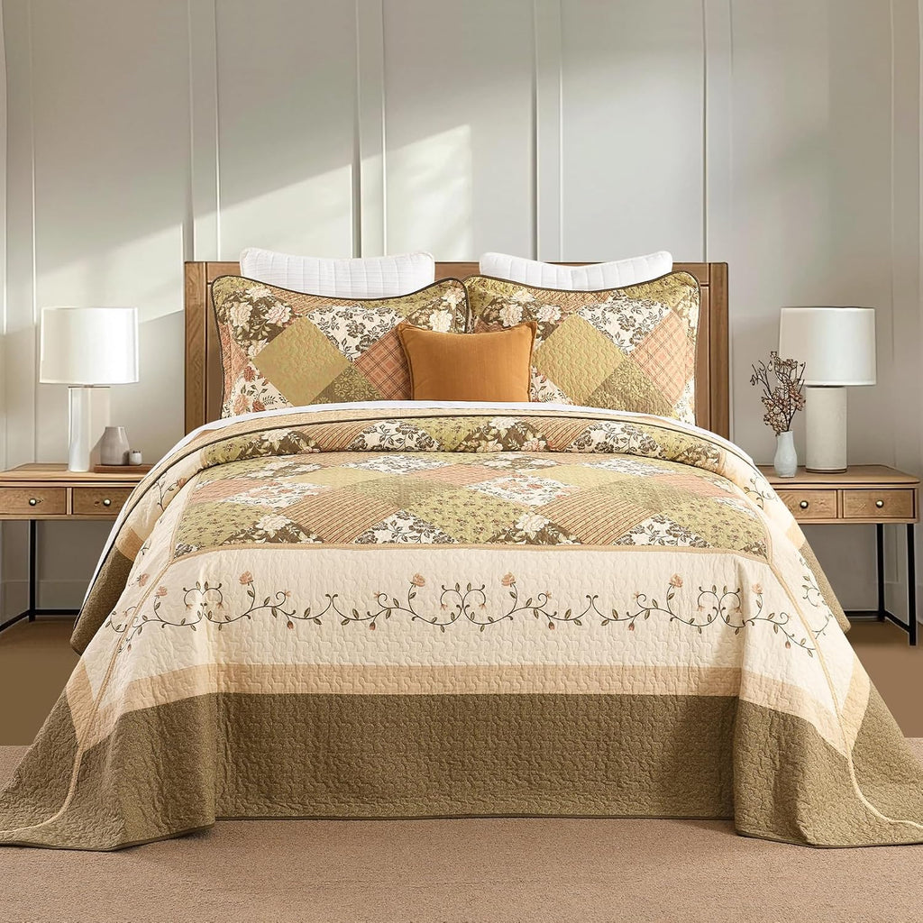 Floral Bedspread 120'x120' Oversized King Bedspread, 100% Cotton California King Quilt with 2 Pillow Shams, Lightweight Farmhouse Quilted Bedspreads Coverlet Set, Brown, 3 Pcs