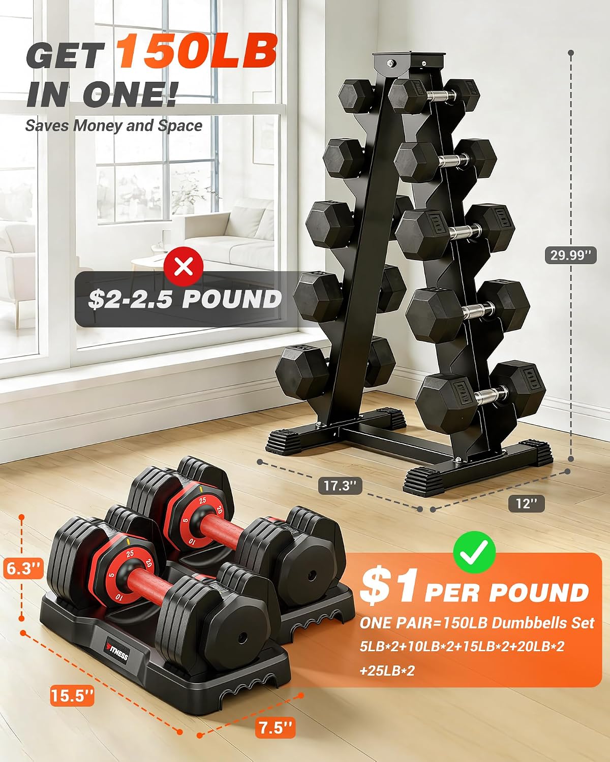Rendpas Adjustable Dumbbells Set of 2, 5-in-1/10-in-1/16-in-1 Quick-Lock Hand Weights 25/55/80 lbs Pair, Anti-Slip Handle Free Weights Set for Home Gym Strength Training for Men Women